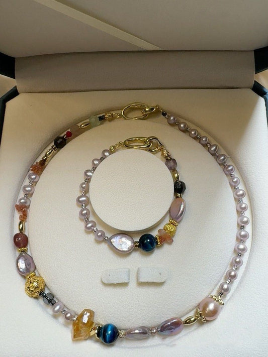 #PN211 Summer Wonder|Freshwater Pearl Necklace & Bracelet Set |Blue Tiger Eye|Yellow Quartz |Sun Stone|Pink Quartz |Big Peach Baroque Pearl |Purple Button Pearl|Bracelet & Necklace Connectable