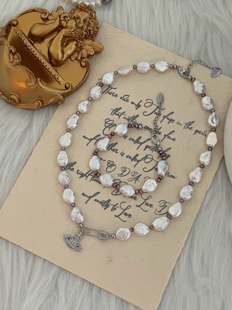 #PN254 White Diamond | Freshwater Pearl Necklace & Bracelet Set | Pin |Water-drop, Coin Pearl | Lustrous