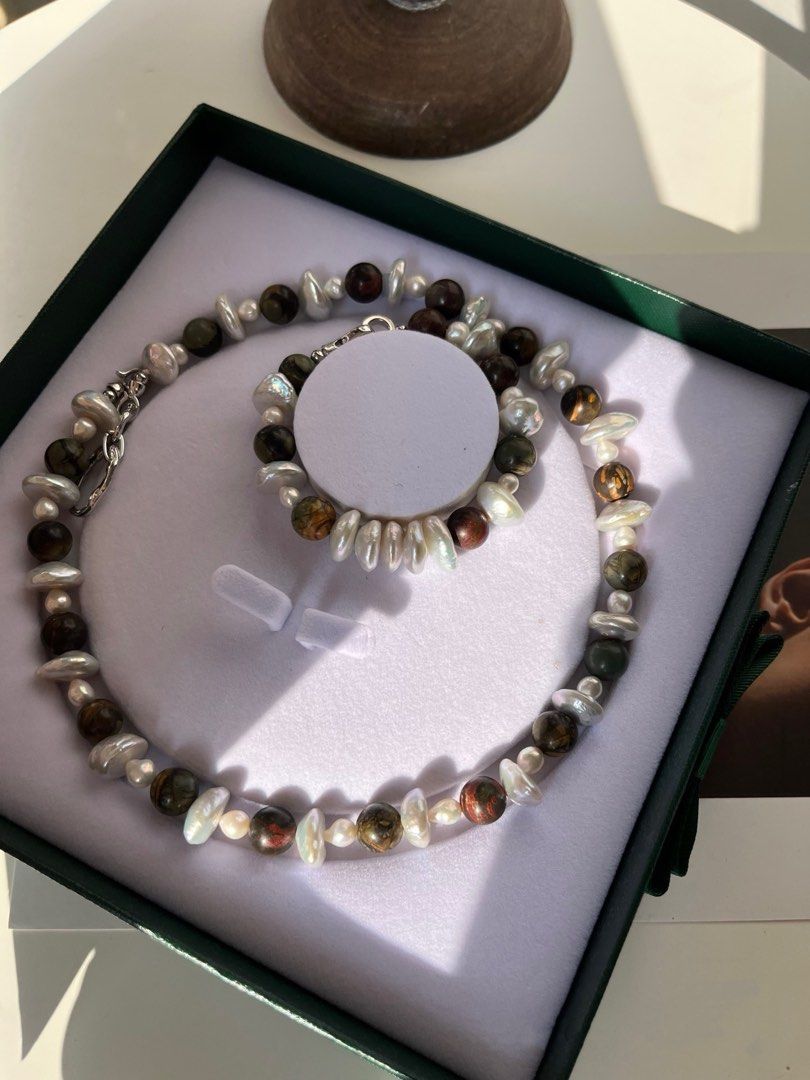 #PN241 Mushroom Forest | Freshwater Pearl Necklace & Bracelet Set |Coin Pearl|Sandalwood|Can Connect as Long Necklace