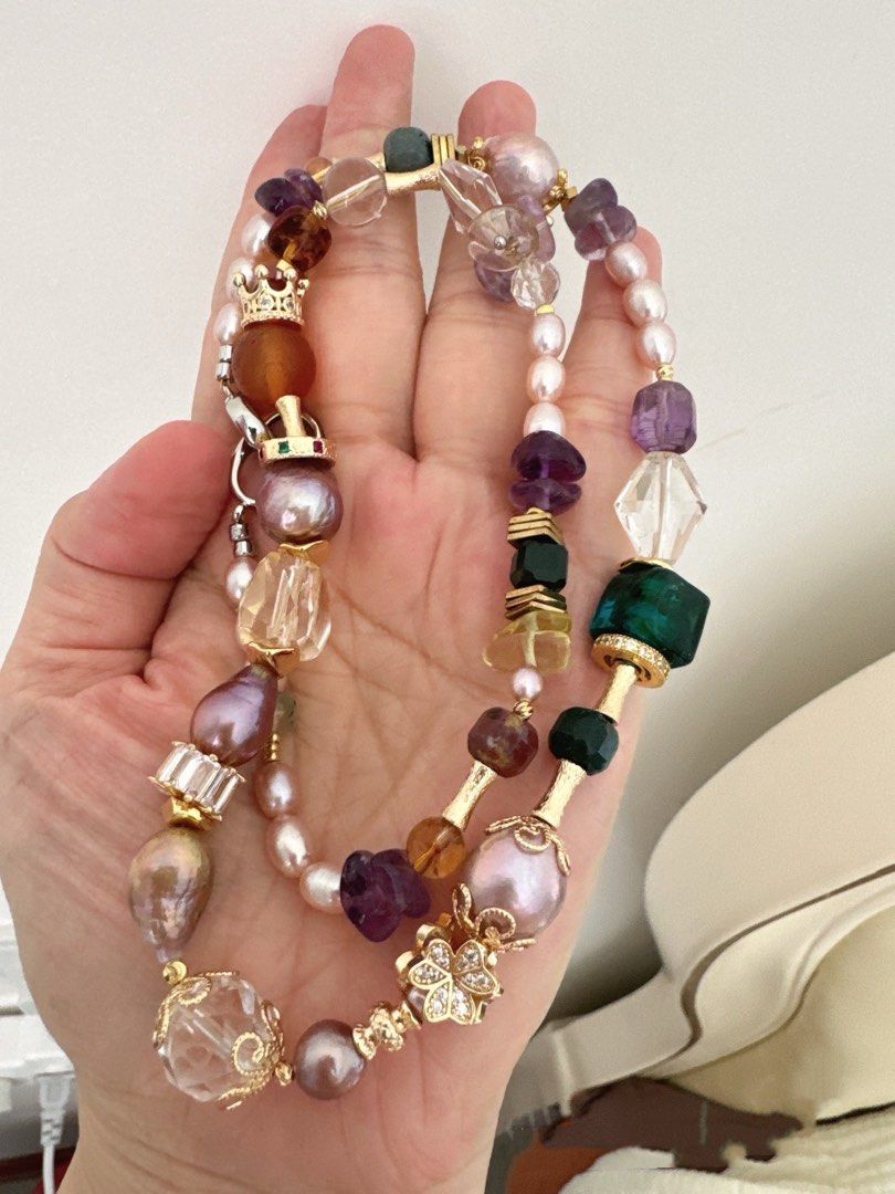 #PN132 [Floral Series] Grand Beauty |Freshwater Pearl Necklace |Double Layered|Thin Chain Necklace |Dark Amethyst Free-form|Purple Baroque Pearl |Amber|Agate|Golden Lustre|Clear Quartz