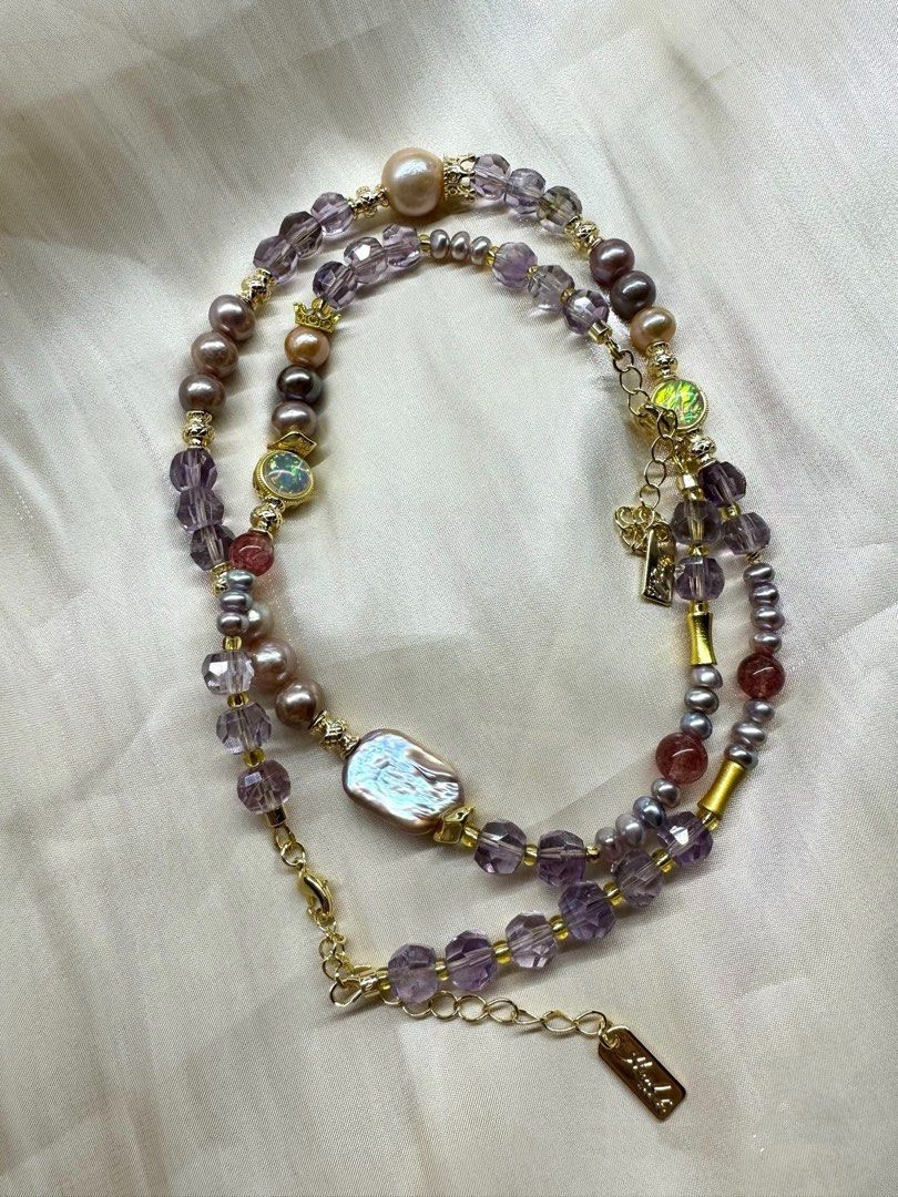 #PN226 Purple Crown |Freshwater Pearl Necklace & Bracelet Set |Clear Purple Quartz |Champagne Gold Pearl|Supreme Lustre|Deep Purple Pearl |Strawberry Quartz