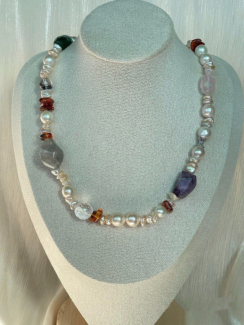 #PN19 Divine Drape| Freshwater Pearl Necklace | Beeswax Chip|Faceted Rose Quartz|Amethyst Freeform| Black Rutile| Green Strawberry Faceted |Chip Baroque | Carved Fluorite Barrel | Phantom