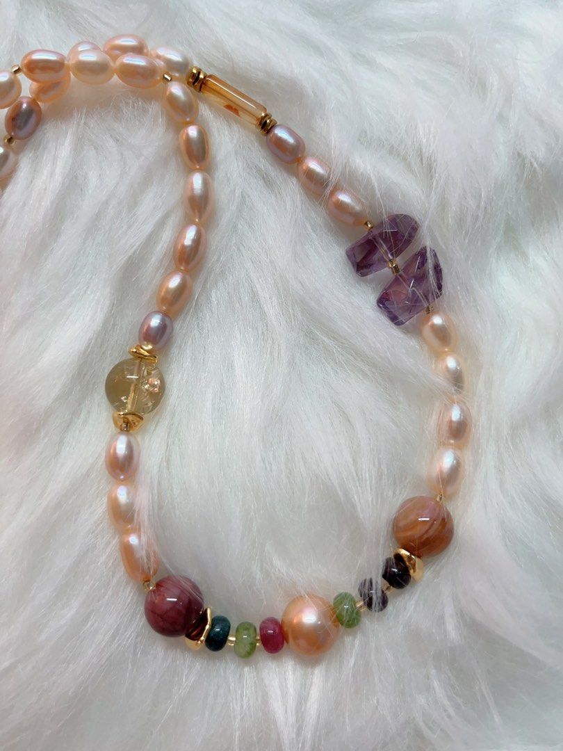 #PN279 Splendid Pink| Freshwater Pearl Necklace | Lustrous Rice Pearl | Amethyst Freeform | Tourmaline Abacus | Citrine | Edison Pearl