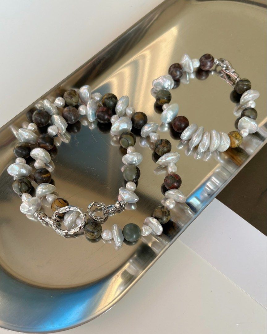 #PN241 Mushroom Forest | Freshwater Pearl Necklace & Bracelet Set |Coin Pearl|Sandalwood|Can Connect as Long Necklace