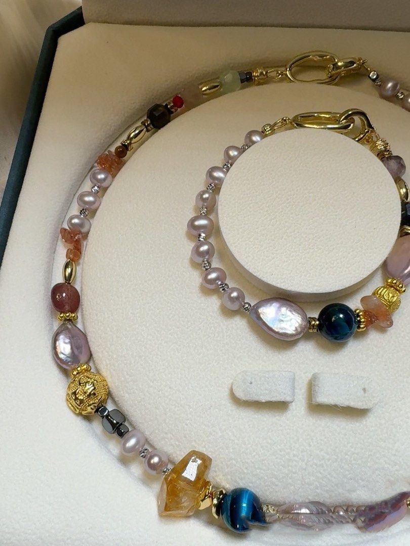 #PN211 Summer Wonder|Freshwater Pearl Necklace & Bracelet Set |Blue Tiger Eye|Yellow Quartz |Sun Stone|Pink Quartz |Big Peach Baroque Pearl |Purple Button Pearl|Bracelet & Necklace Connectable