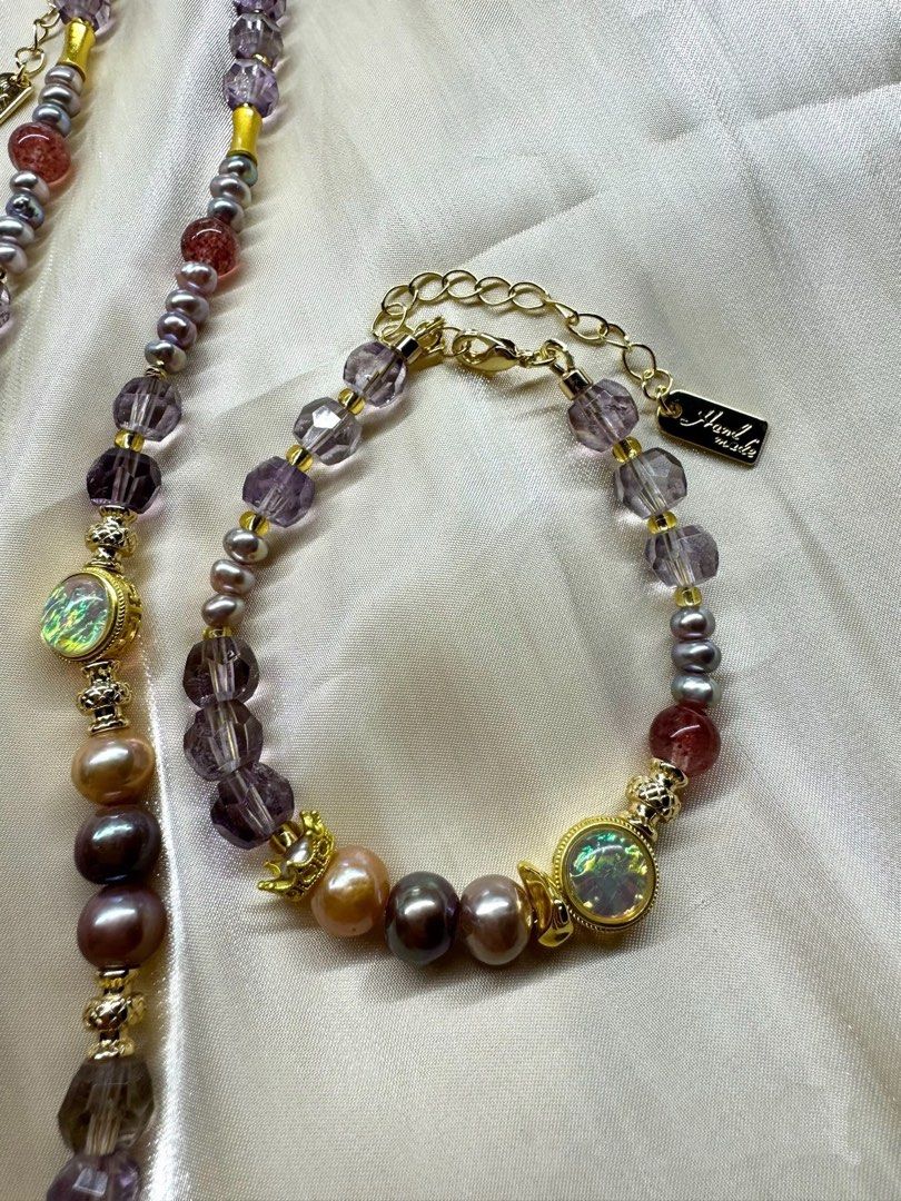 #PN226 Purple Crown |Freshwater Pearl Necklace & Bracelet Set |Clear Purple Quartz |Champagne Gold Pearl|Supreme Lustre|Deep Purple Pearl |Strawberry Quartz