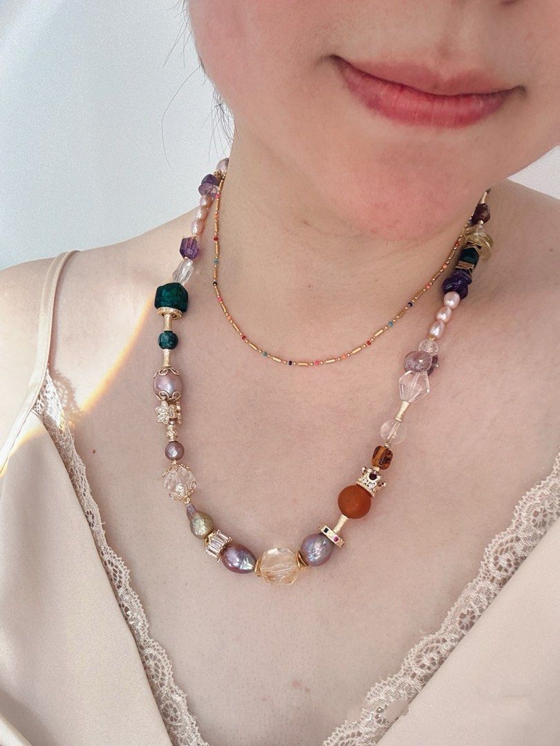 #PN132 [Floral Series] Grand Beauty |Freshwater Pearl Necklace |Double Layered|Thin Chain Necklace |Dark Amethyst Free-form|Purple Baroque Pearl |Amber|Agate|Golden Lustre|Clear Quartz