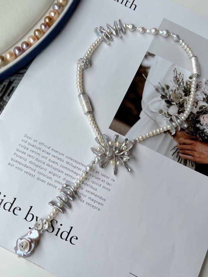 #PN30 [Floral Series] Silver Radiance | Handmade Original Design | Freshwater Pearl Necklace | Silver Pearl Sticks & Petals