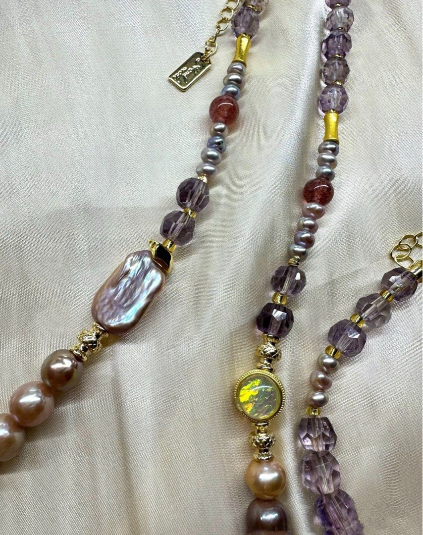 #PN226 Purple Crown |Freshwater Pearl Necklace & Bracelet Set |Clear Purple Quartz |Champagne Gold Pearl|Supreme Lustre|Deep Purple Pearl |Strawberry Quartz