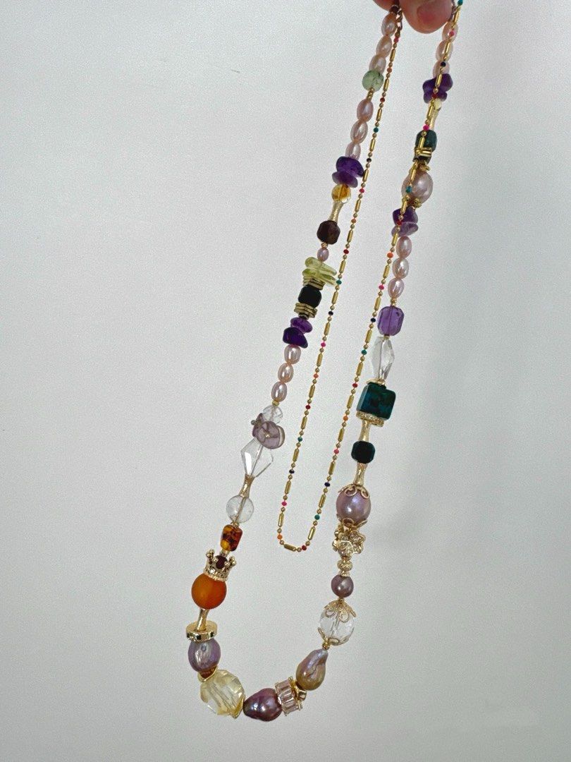 #PN132 [Floral Series] Grand Beauty |Freshwater Pearl Necklace |Double Layered|Thin Chain Necklace |Dark Amethyst Free-form|Purple Baroque Pearl |Amber|Agate|Golden Lustre|Clear Quartz