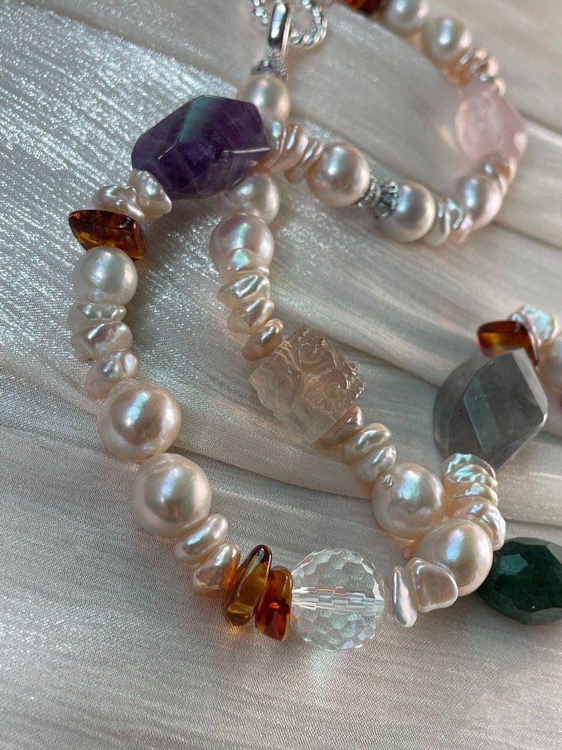 #PN19 Divine Drape| Freshwater Pearl Necklace | Beeswax Chip|Faceted Rose Quartz|Amethyst Freeform| Black Rutile| Green Strawberry Faceted |Chip Baroque | Carved Fluorite Barrel | Phantom