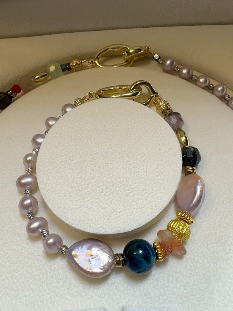 #PN211 Summer Wonder|Freshwater Pearl Necklace & Bracelet Set |Blue Tiger Eye|Yellow Quartz |Sun Stone|Pink Quartz |Big Peach Baroque Pearl |Purple Button Pearl|Bracelet & Necklace Connectable