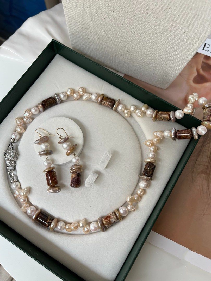 #PN196 Autumn Leaves | Freshwater Pearl Necklace & Earrings Set |Natural Stones |Quartz|Coin Pearl |Big Baroque Pearl|Natural Flaws