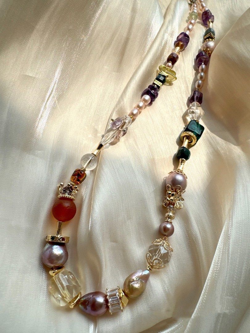 #PN132 [Floral Series] Grand Beauty |Freshwater Pearl Necklace |Double Layered|Thin Chain Necklace |Dark Amethyst Free-form|Purple Baroque Pearl |Amber|Agate|Golden Lustre|Clear Quartz