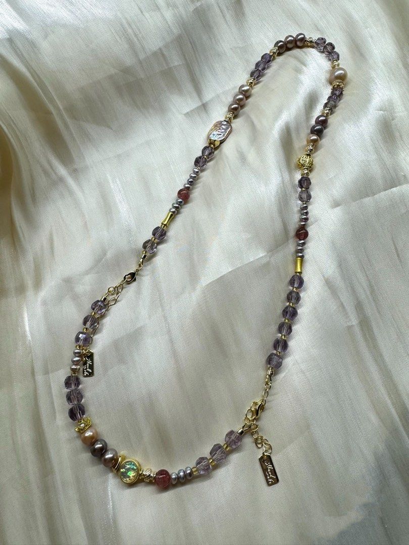 #PN226 Purple Crown |Freshwater Pearl Necklace & Bracelet Set |Clear Purple Quartz |Champagne Gold Pearl|Supreme Lustre|Deep Purple Pearl |Strawberry Quartz