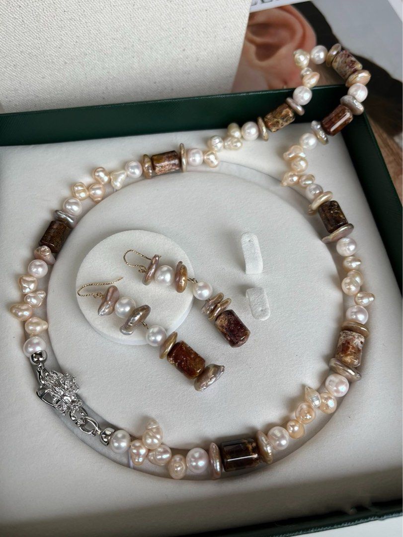 #PN196 Autumn Leaves | Freshwater Pearl Necklace & Earrings Set |Natural Stones |Quartz|Coin Pearl |Big Baroque Pearl|Natural Flaws