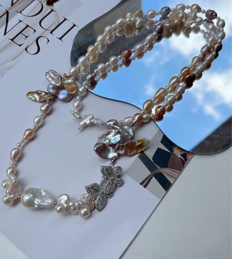 #PN43 Original Design Freshwater “Alien” Shaped Baroque Pearl Long Necklace | Fishtail Pearl|Petals Pearl | Avocado Color