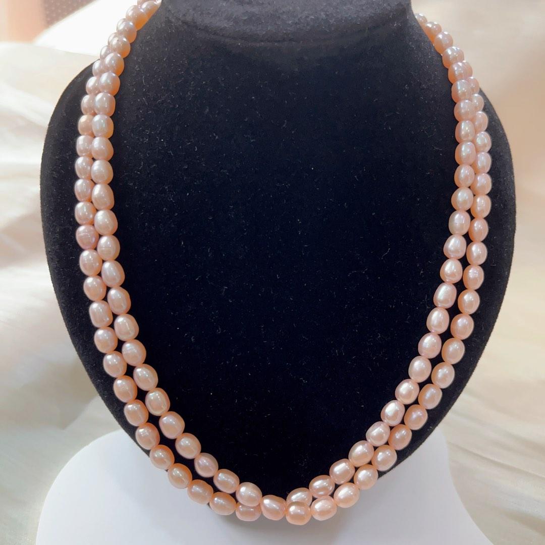 #PN82 Double Layered Genuine Freshwater Purple Rice Pearl Necklace 6mm-7mm