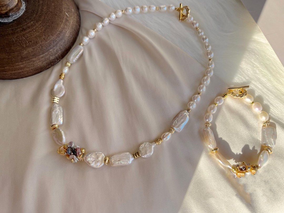 #PN133 [Floral Series] Golden Flower |Freshwater Pearl Necklace & Bracelet Set |Irregular Baroque Pearl |Mixed Shapes |Lustrous