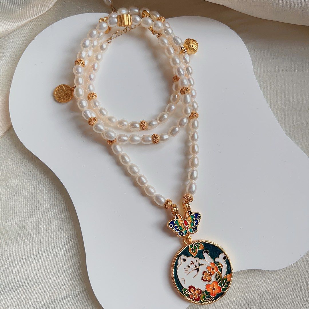 #PN99 Freshwater Pearl Long Necklace |Double-sided Cat Pendent| Alluvial Gold Plated