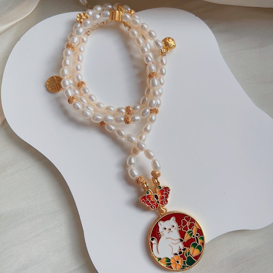 #PN99 Freshwater Pearl Long Necklace |Double-sided Cat Pendent| Alluvial Gold Plated