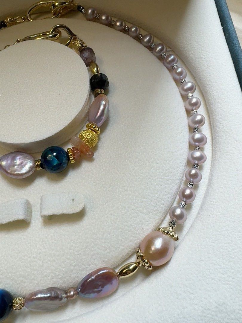 #PN211 Summer Wonder|Freshwater Pearl Necklace & Bracelet Set |Blue Tiger Eye|Yellow Quartz |Sun Stone|Pink Quartz |Big Peach Baroque Pearl |Purple Button Pearl|Bracelet & Necklace Connectable