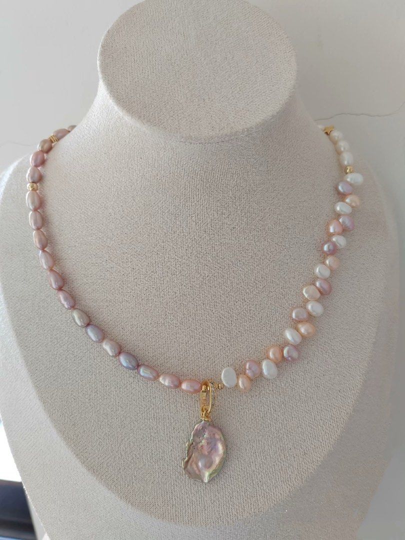 #PN289 Ocean’s Glow| Freshwater Pearl Necklace | Wheat Ear Design | Removable Pendant | Metallic Lustre | Natural Flaws