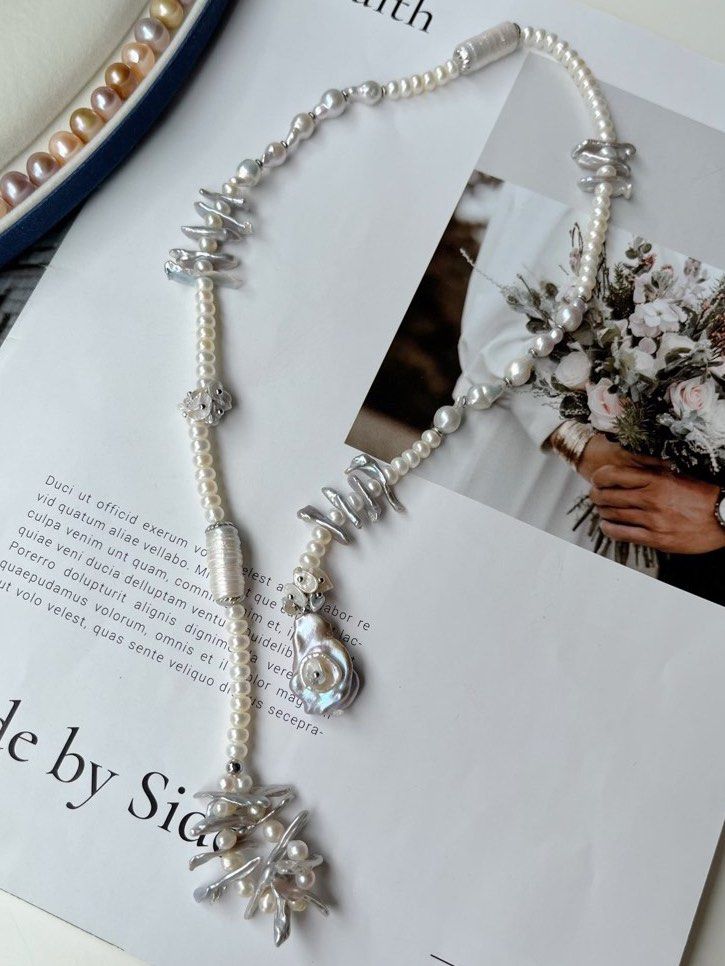 #PN30 [Floral Series] Silver Radiance | Handmade Original Design | Freshwater Pearl Necklace | Silver Pearl Sticks & Petals