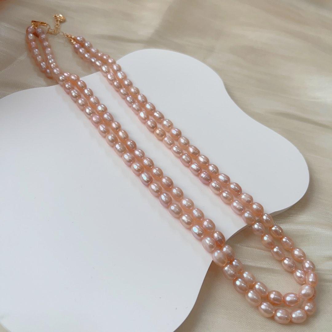 #PN82 Double Layered Genuine Freshwater Purple Rice Pearl Necklace 6mm-7mm