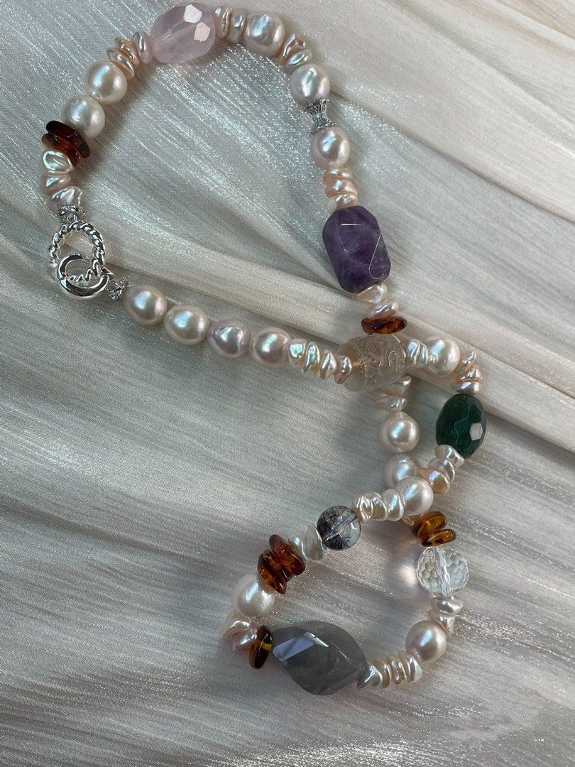 #PN19 Divine Drape| Freshwater Pearl Necklace | Beeswax Chip|Faceted Rose Quartz|Amethyst Freeform| Black Rutile| Green Strawberry Faceted |Chip Baroque | Carved Fluorite Barrel | Phantom