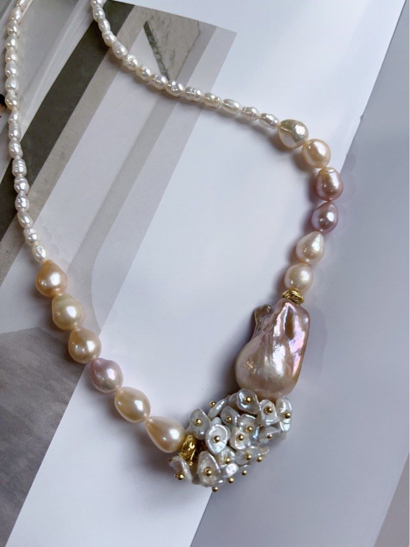#PN150 [Sale][Floral Series] Handmade Original Design |Freshwater Pearl Necklace |Big Baroque Pearl |Floral Petal Pearl |Mixed Colour