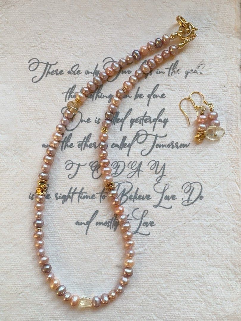 #PN255 Preppy Classic | Freshwater Pearl Necklace & Earrings Necklace |Lustrous Purple | White Quartz | Minimalist