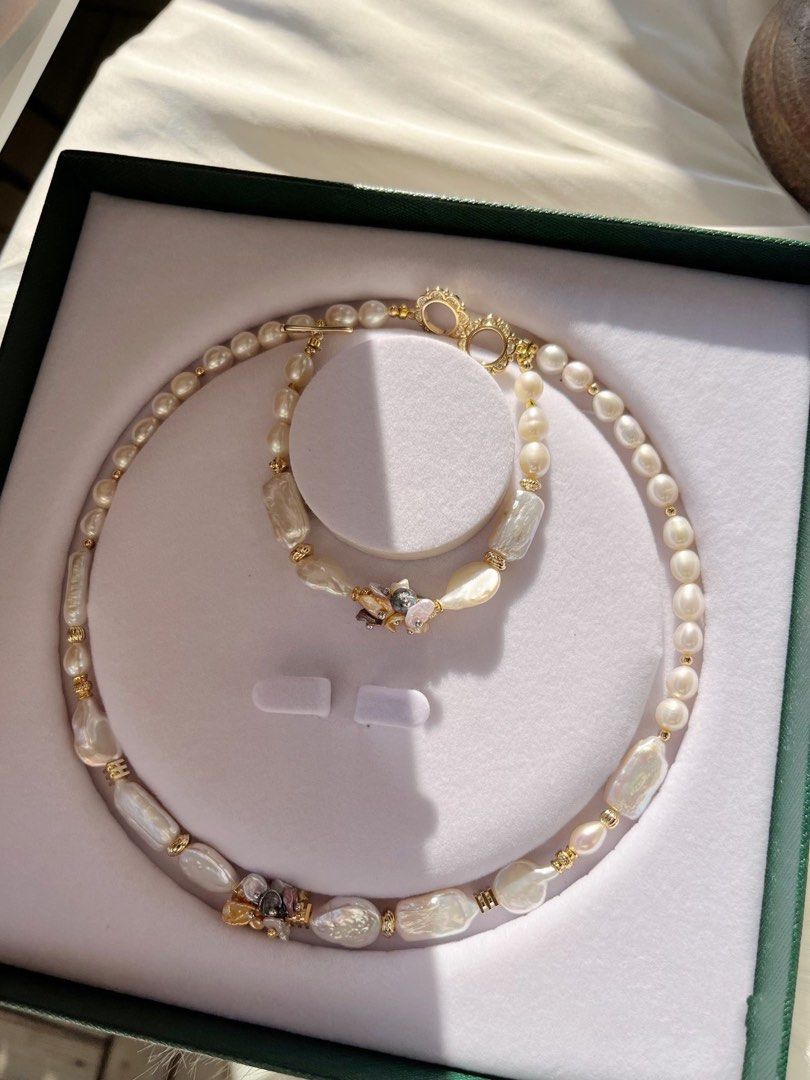 #PN133 [Floral Series] Golden Flower |Freshwater Pearl Necklace & Bracelet Set |Irregular Baroque Pearl |Mixed Shapes |Lustrous