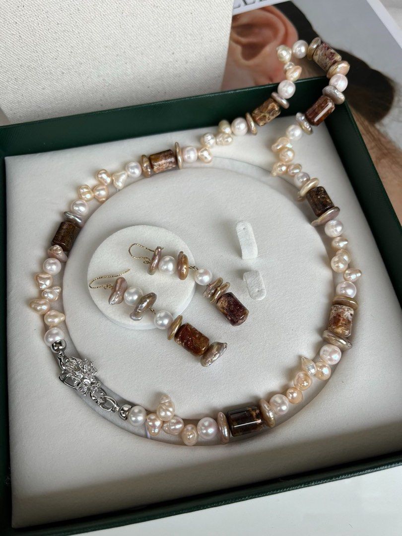 #PN196 Autumn Leaves | Freshwater Pearl Necklace & Earrings Set |Natural Stones |Quartz|Coin Pearl |Big Baroque Pearl|Natural Flaws