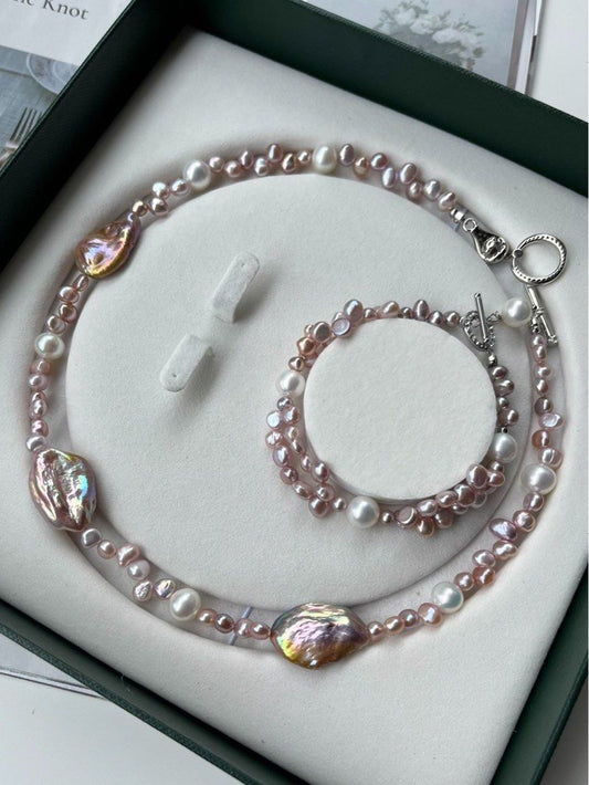 #PN197 Colour Harmony | Freshwater Pearl Bracelet & Necklace Set | Double-layered Bracelet | Baroque Pearl |Mixed Sizes & Colours |Zircon Clasps