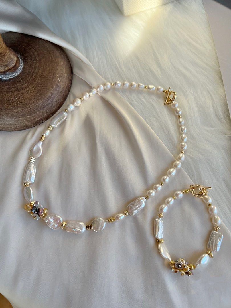 #PN133 [Floral Series] Golden Flower |Freshwater Pearl Necklace & Bracelet Set |Irregular Baroque Pearl |Mixed Shapes |Lustrous