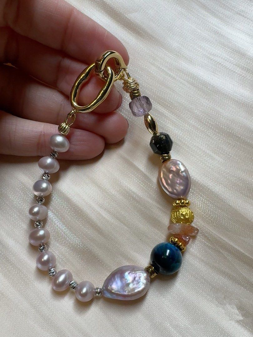 #PN211 Summer Wonder|Freshwater Pearl Necklace & Bracelet Set |Blue Tiger Eye|Yellow Quartz |Sun Stone|Pink Quartz |Big Peach Baroque Pearl |Purple Button Pearl|Bracelet & Necklace Connectable