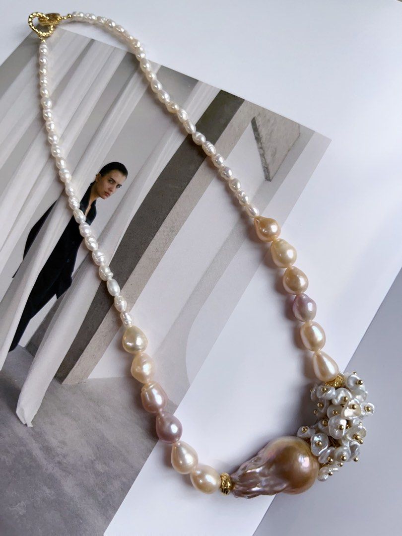 #PN150 [Sale][Floral Series] Handmade Original Design |Freshwater Pearl Necklace |Big Baroque Pearl |Floral Petal Pearl |Mixed Colour