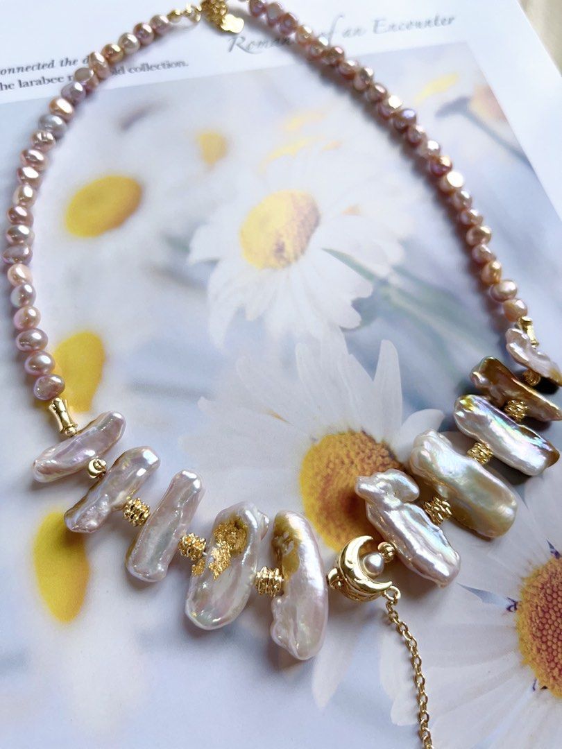 #PN11 [Floral Series] Handmade Original Design Genuine Freshwater Pearl Necklace |Purple “Lute” Shaped Baroque Pearl |Gilding on Pearl|Dripping Pendant |Excellent Lustre