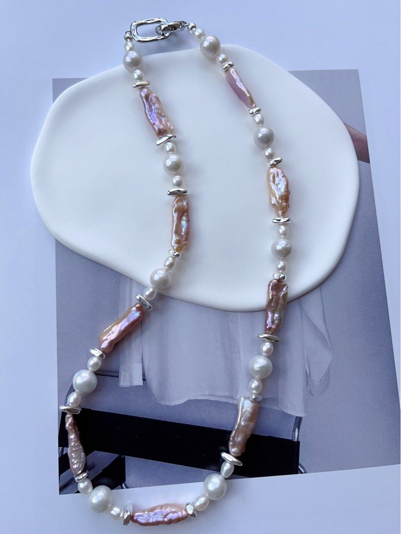 #PN100 High Fashion|Freshwater Pearl Necklace |White Baroque Pearl |Lustrous Purple Baroque Pearl |Stick Shaped|Silver Cool|47cm