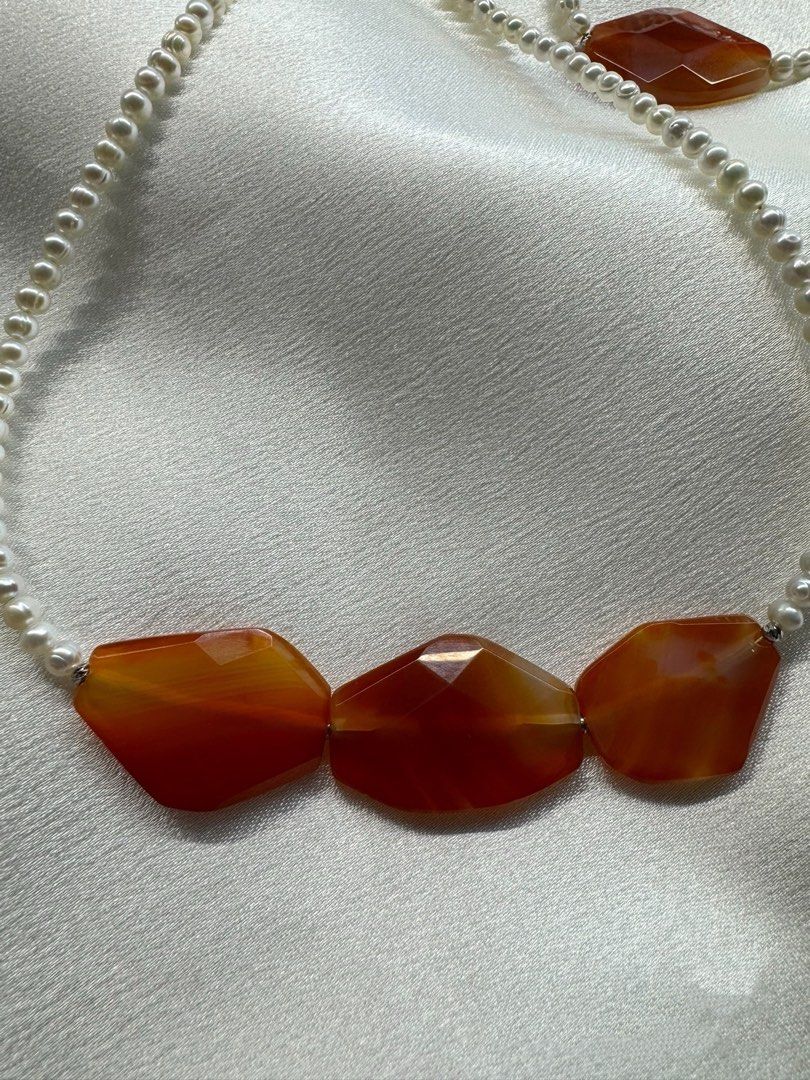 #PN227 Magnificent Red|Freshwater Pearl Necklace & Bracelet Set |Red Agate|Baby Baroque Pearl |Natural Flaws