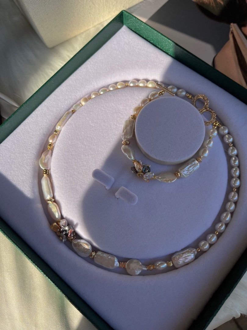 #PN133 [Floral Series] Golden Flower |Freshwater Pearl Necklace & Bracelet Set |Irregular Baroque Pearl |Mixed Shapes |Lustrous