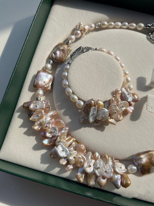 #PN134 [Floral Series] Handmade Original Design | Blossom Grace|Freshwater Pearl Bracelet & Necklace Set|Petal on Pearl