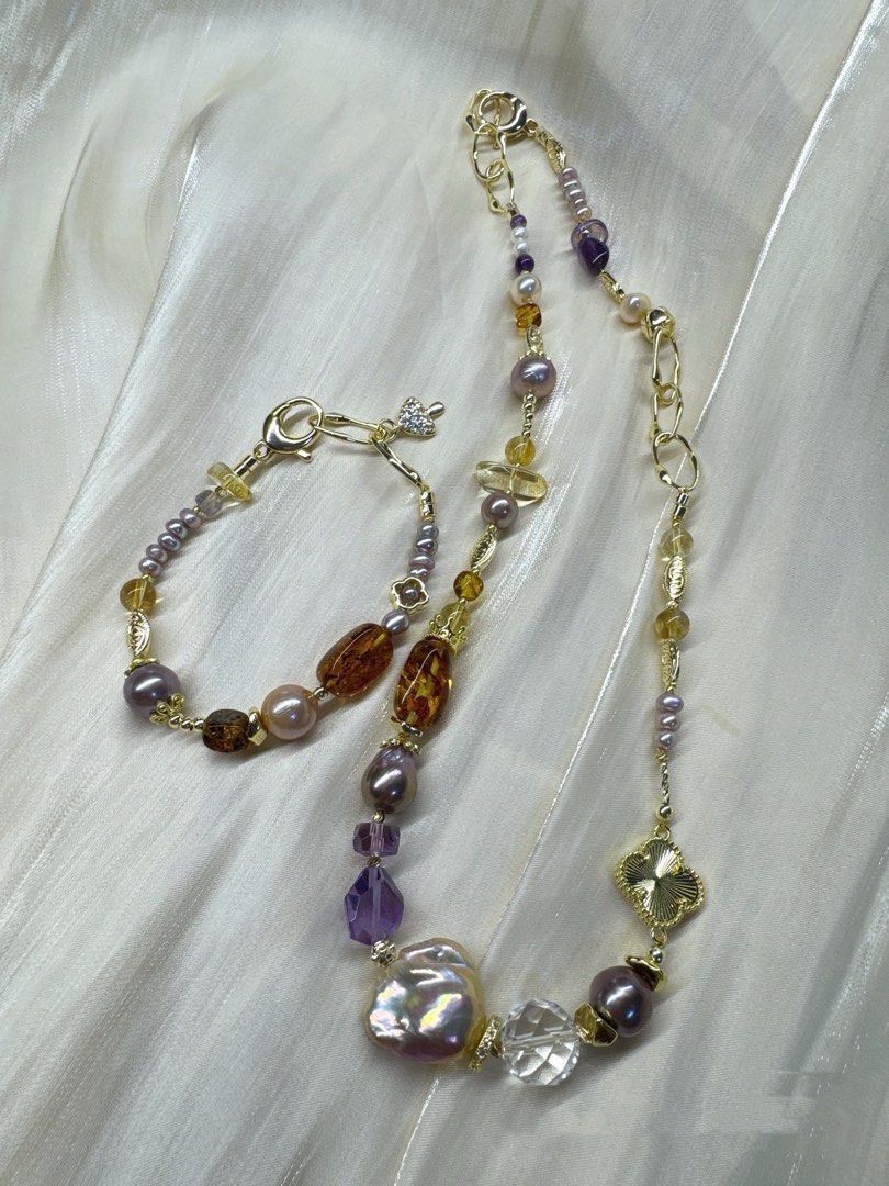 #PN243 Lost World|Freshwater Pearl Necklace & Bracelet Set |Amber|Clover|Big Lustrous Baroque Pearl |Purple Quartz |Baby Pearl