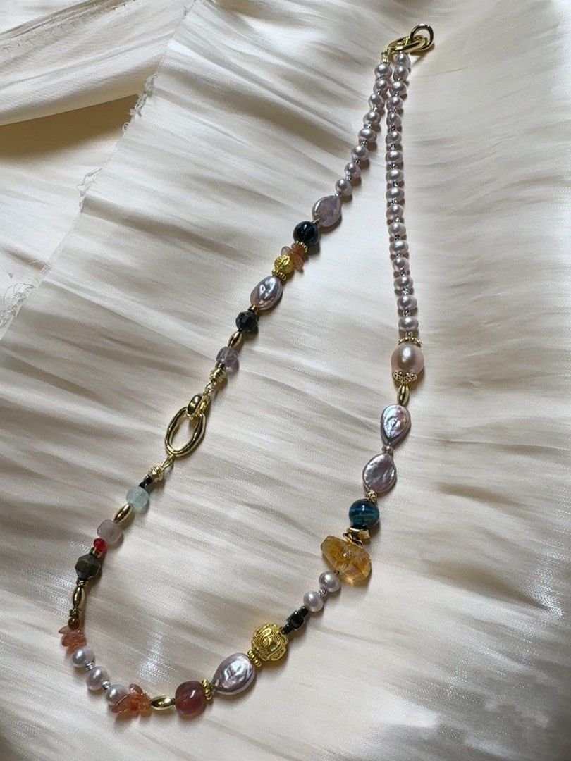 #PN211 Summer Wonder|Freshwater Pearl Necklace & Bracelet Set |Blue Tiger Eye|Yellow Quartz |Sun Stone|Pink Quartz |Big Peach Baroque Pearl |Purple Button Pearl|Bracelet & Necklace Connectable