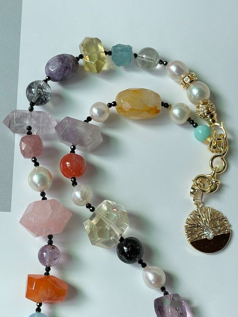 #PN20 Dopamine Gems|Freshwater Pearl Necklace |Amethyst, Citrine Freeform |Aquamarine|Moss Agate|Rose Quartz Freeform |Amazonite