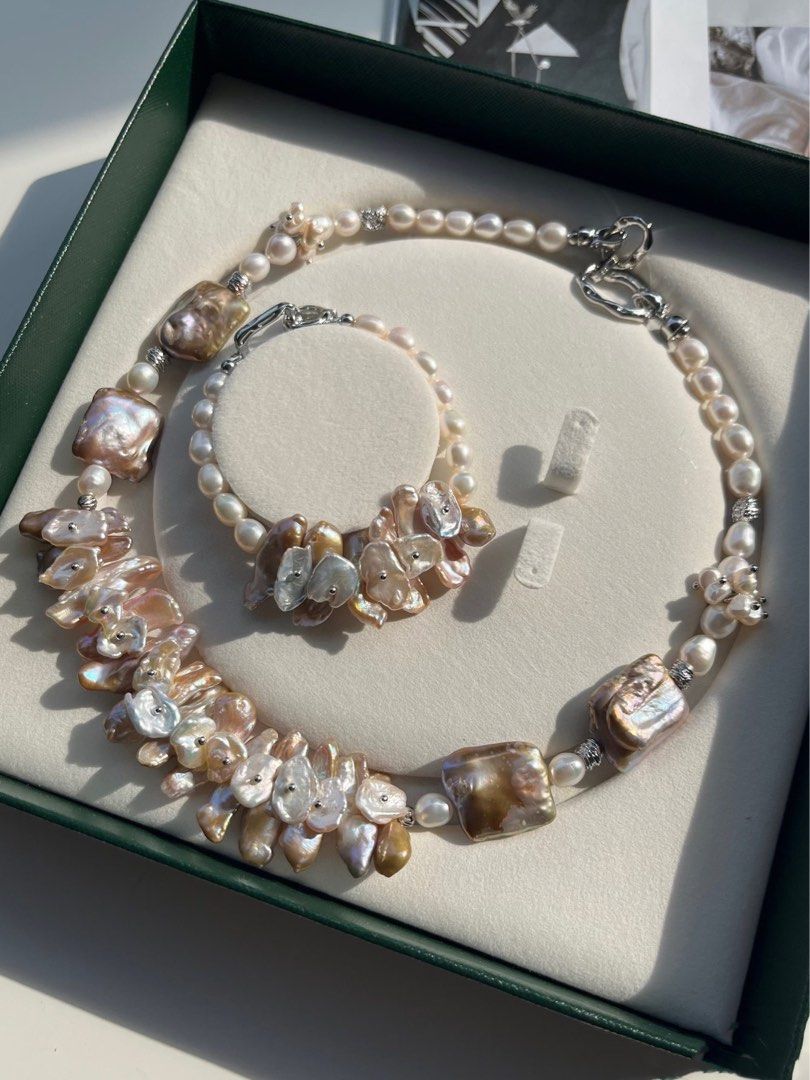 #PN134 [Floral Series] Handmade Original Design | Blossom Grace|Freshwater Pearl Bracelet & Necklace Set|Petal on Pearl