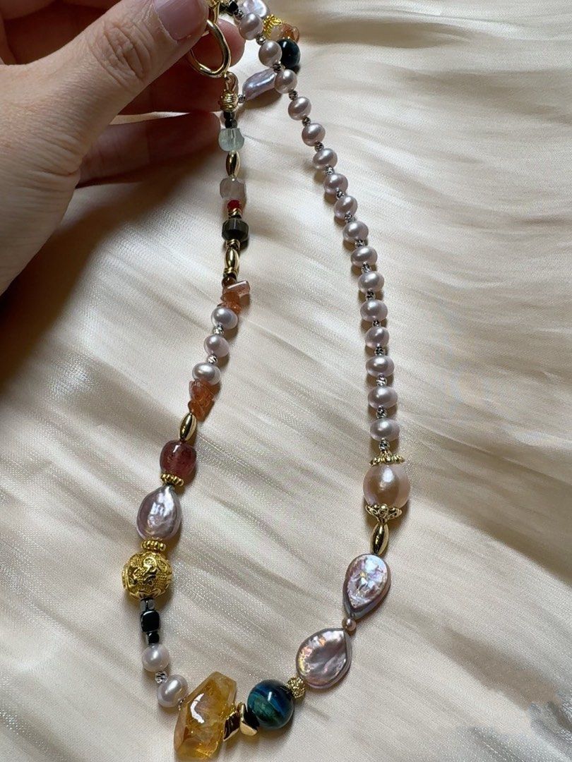 #PN211 Summer Wonder|Freshwater Pearl Necklace & Bracelet Set |Blue Tiger Eye|Yellow Quartz |Sun Stone|Pink Quartz |Big Peach Baroque Pearl |Purple Button Pearl|Bracelet & Necklace Connectable