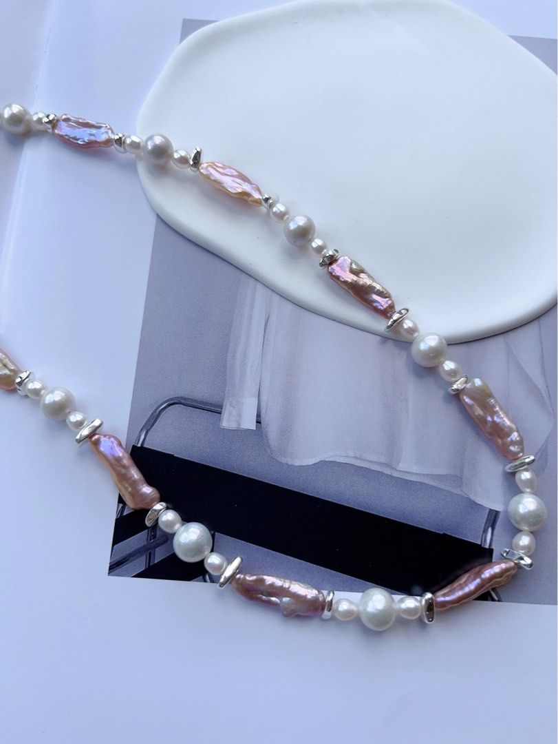 #PN100 High Fashion|Freshwater Pearl Necklace |White Baroque Pearl |Lustrous Purple Baroque Pearl |Stick Shaped|Silver Cool|47cm
