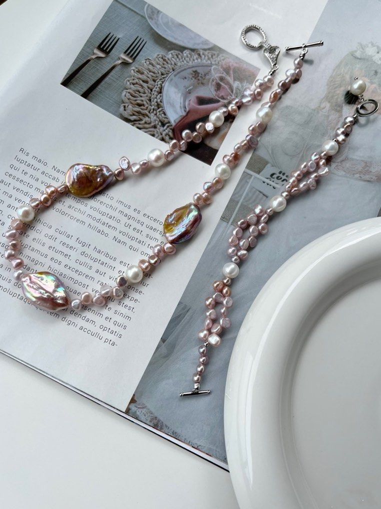 #PN197 Colour Harmony | Freshwater Pearl Bracelet & Necklace Set | Double-layered Bracelet | Baroque Pearl |Mixed Sizes & Colours |Zircon Clasps